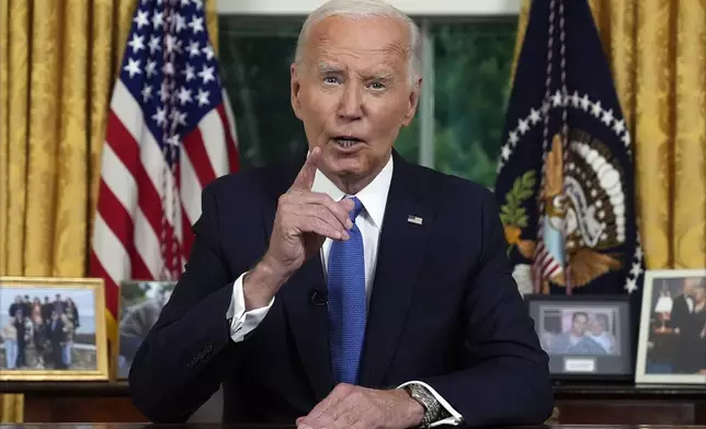 President Joe Biden addresses the nation from the Oval Office of the White House in Washington, Wednesday, July 24, 2024, about his decision to drop his Democratic presidential reelection bid. (AP Photo/Evan Vucci, Pool)