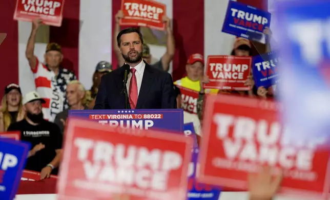 Republican vice presidential candidate Sen. JD Vance, R-Ohio, speaks at a campaign rally at Radford University, Monday, July 22, 2024, in Radford, Va. (AP Photo/Julia Nikhinson)