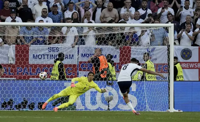 England's Trent Alexander-Arnold shoots to score during penalty shootout of the quarterfinal match between England and Switzerland at the Euro 2024 soccer tournament in Duesseldorf, Germany, Saturday, July 6, 2024. (AP Photo/Thanassis Stavrakis)