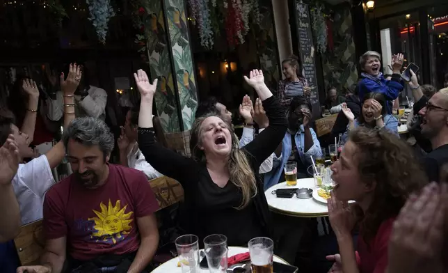 People react to the projection of results during the second round of the legislative elections, near Republique Plaza in Paris, France, Sunday, July 7, 2024. Polls have closed in France, and polling projections say a coalition on the left that came together unexpectedly has won the most parliamentary seats in the pivotal runoff elections after a high turnout among voters. (AP Photo/Christophe Ena)