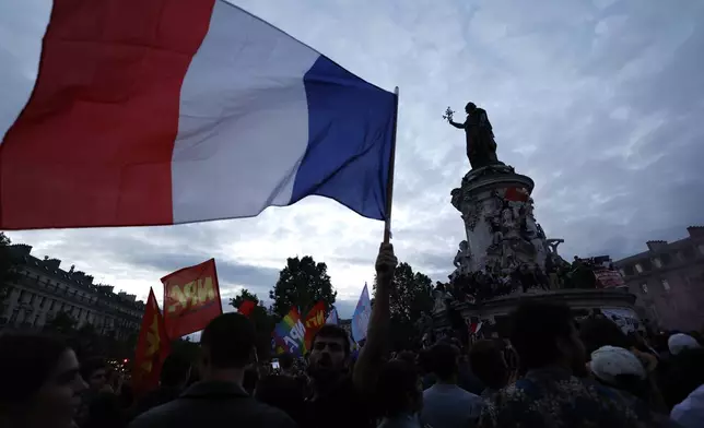 People gather on the Republique plaza following the second round of the legislative elections, Sunday, July 7, 2024 in Paris. A coalition of the French left that quickly banded together to beat a surging far right in legislative elections won the most seats in parliament but not a majority, according to polling projections Sunday, a stunning outcome that threatens to plunge the country into political and economic turmoil. (AP Photo/Aurelien Morissard)