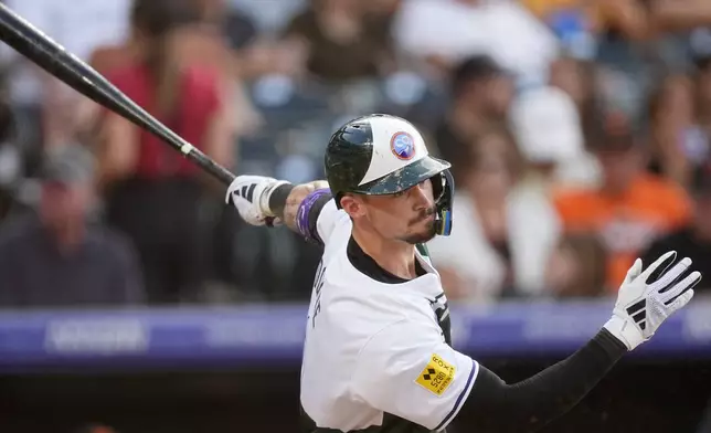 Colorado Rockies' Brenton Doyle grounds out against San Francisco Giants starting pitcher Logan Webb to end the third inning of a baseball game Saturday, July 20, 2024, in Denver. (AP Photo/David Zalubowski)APOTIX