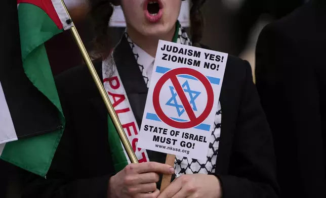 A demonstrator protesting near the Capitol during Israeli Prime Minister Benjamin Netanyahu's visit to Washington on Wednesday, July 24, 2024. (AP Photo/Matt Slocum)