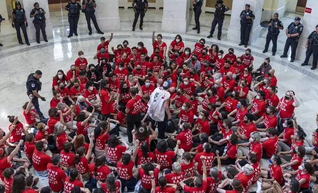 Demonstrators protest against the military policies of Israel a day before a visit by Israeli Prime Minister Netanyahu who will address a joint meeting of Congress on Wednesday, in the Cannon House Office Building at the Capitol in Washington, Tuesday, July 23, 2024. (AP Photo/J. Scott Applewhite)