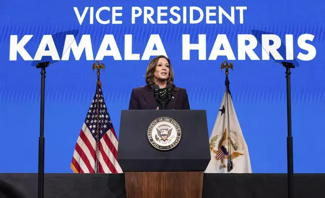 FILE - Vice President Kamala Harris speaks during the American Federation of Teachers' 88th national convention, July 25, 2024, in Houston. Harris appears to have energized Democrats in the early days of her candidacy, according to a new poll from the AP-NORC Center for Public Affairs Research that was conducted after President Joe Biden withdrew from the race. About 8 in 10 Democrats say they would be very or somewhat satisfied if Harris became the Democratic nominee for president. (AP Photo/Tony Gutierrez, file)