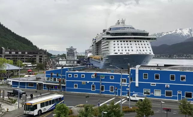 FILE - Cruise ships are docked on June 9, 2023, in downtown Juneau, Alaska. Voters in Alaska's capital city could decide in October whether to ban large cruise ships on Saturdays starting next year. (AP Photo/Becky Bohrer, File)