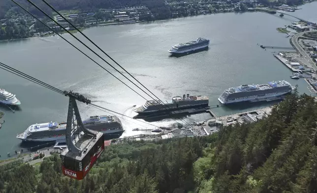 FILE - Cruise ships are shown near downtown Juneau on June 7, 2023, along the Gastineau Channel, in Alaska. Voters in Alaska's capital city could decide in October whether to ban large cruise ships on Saturdays starting next year. (AP Photo/Becky Bohrer, File)