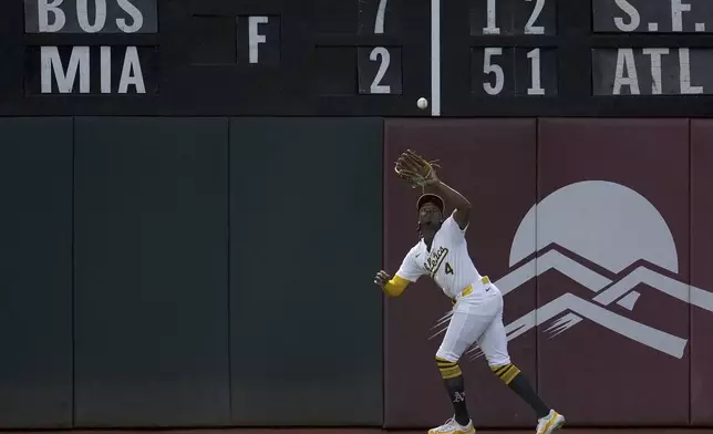 Oakland Athletics right fielder Lawrence Butler catches a fly ball hit by Los Angeles Angels' Mickey Moniak during the eighth inning of a baseball game Wednesday, July 3, 2024, in Oakland, Calif. (AP Photo/Godofredo A. Vásquez)
