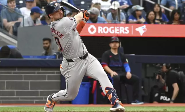 Houston Astros' Chas McCormick (20) hits a single against the Toronto Blue Jays during the third inning of a baseball game in Toronto on Wednesday, July 3, 2024. (Jon Blacker/The Canadian Press via AP)