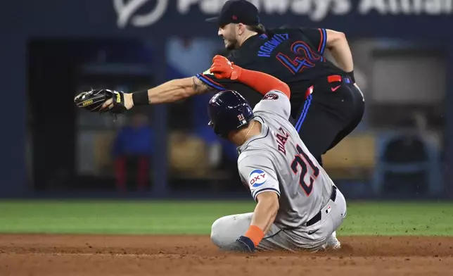 Toronto Blue Jays second baseman Spencer Horwitz (48) forces out Houston Astros' Yainer Diaz (21) at second base during the eighth inning of a baseball game in Toronto on Wednesday, July 3, 2024. (Jon Blacker/The Canadian Press via AP)