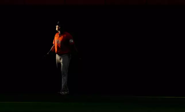 Houston Astros outfielder Jake Meyers stands on the field during the 11th inning of a baseball game against the New York Mets, Sunday, June 30, 2024, in New York. (AP Photo/Pamela Smith)