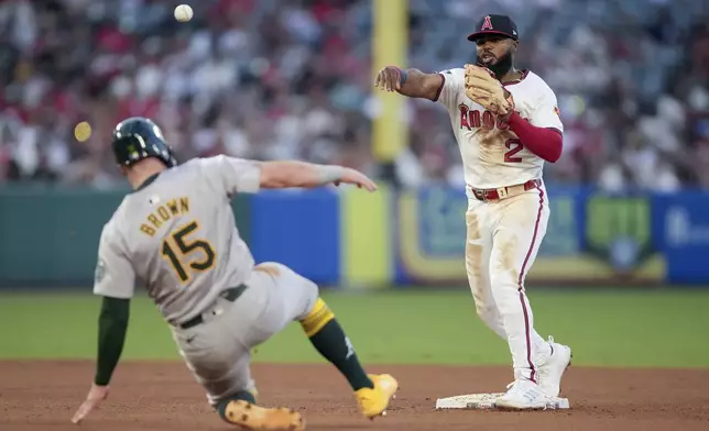 Los Angeles Angels second baseman Luis Rengifo (2) throws to first base after forcing out Oakland Athletics' Seth Brown (15) during the fifth inning of a baseball game in Anaheim, Calif., Friday, July 26, 2024. (AP Photo/Eric Thayer)