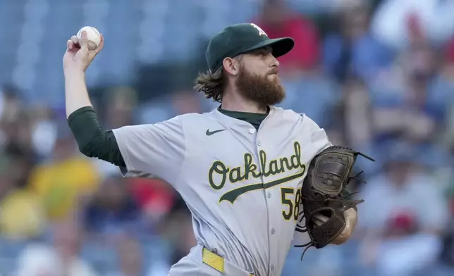 Oakland Athletics starting pitcher Paul Blackburn throws during the first inning of a baseball game against the Los Angeles Angels in Anaheim, Calif., Friday, July 26, 2024. (AP Photo/Eric Thayer)