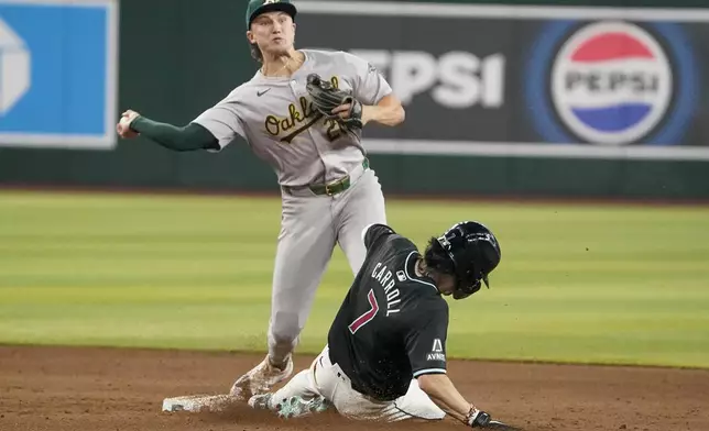 Oakland Athletics' Zack Gelof (20) gets the out on Arizona Diamondbacks' Corbin Carroll to start a double play during the eighth inning of a baseball game, Sunday, June 30, 2024, in Phoenix. (AP Photo/Darryl Webb)