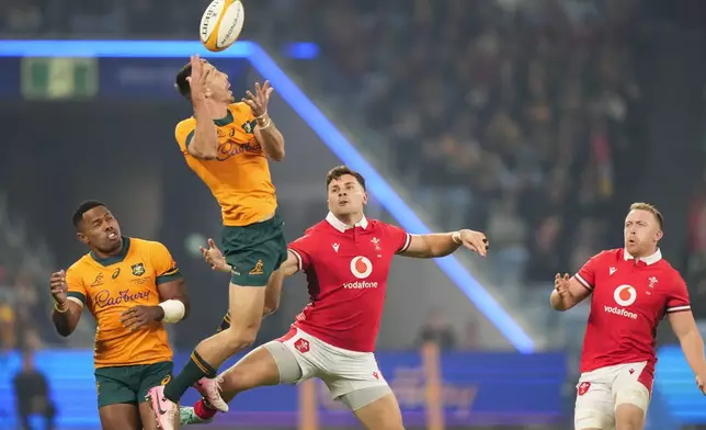 Australia's Jake Gordon leaps to take the ball during the rugby international between Australia and Wales in Sydney, Australia, Saturday, July 6, 2024. (AP Photo/Rick Rycroft)