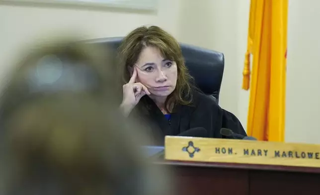Judge Mary Marlowe takes part in Alec Baldwin's manslaughter trial for the 2021 fatal shooting of cinematographer Halyna Hutchins during filming of the Western movie "Rust", in Santa Fe, N.M., Thursday, July 11, 2024. (Ramsay de Give/Pool Photo via AP)