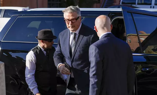 Alec Baldwin arrives to attend his trial in Santa Fe, N.M., Thursday, July 11, 2024. Baldwin is facing a charge of involuntary manslaughter in the death of a cinematographer on the set of the film "Rust". (Ramsay de Give/Pool Photo via AP)