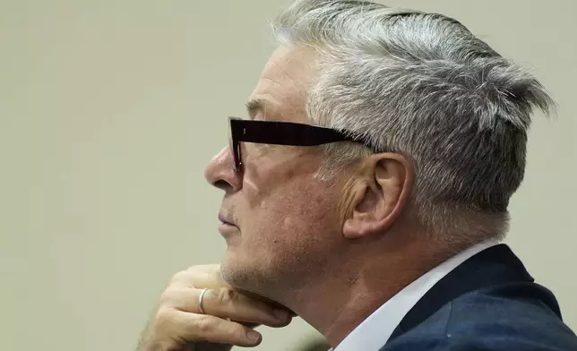 Alec Baldwin attends his involuntary manslaughter trial for the 2021 fatal shooting of cinematographer Halyna Hutchins during filming of the Western movie "Rust", in Santa Fe, N.M., Thursday, July 11, 2024. (Ramsay de Give/Pool Photo via AP)