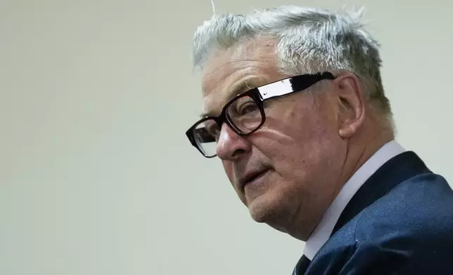 Alec Baldwin attends his involuntary manslaughter trial for the 2021 fatal shooting of cinematographer Halyna Hutchins during filming of the Western movie "Rust", in Santa Fe, N.M., Thursday, July 11, 2024. (Ramsay de Give/Pool Photo via AP)