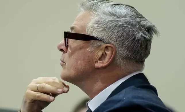 Alec Baldwin sits in court during his trial in Santa Fe, N.M., Thursday, July 11, 2024. Baldwin is facing a charge of involuntary manslaughter in the death of a cinematographer on the set of the film "Rust". (Ramsay de Give/Pool Photo via AP)