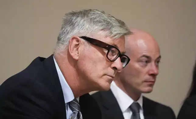 Alec Baldwin listens to testimony during a pretrial hearing in Santa Fe, N.M., on Monday, July 8, 2024. Baldwin is facing a single charge of involuntary manslaughter in the death of a cinematographer. (AP Photo/Ross D. Franklin, Pool)