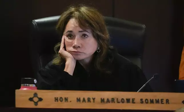 Judge Mary Marlowe Sommer listens during a pretrial hearing for Alec Baldwin, Monday, July 8, 2024, in Santa Fe, N.M. The actor's involuntary manslaughter trial starts July 9 with jury selection. (AP Photo/Ross D. Franklin, Pool)