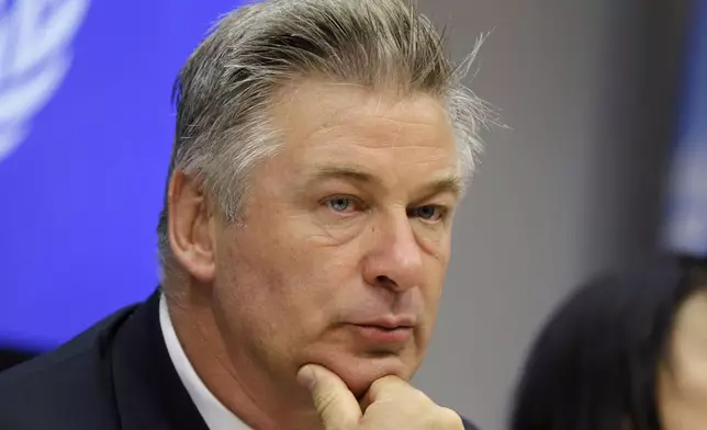 FILE - Actor Alec Baldwin attends a news conference at United Nations headquarters, on Sept. 21, 2015. A New Mexico judge is considering an array of restrictions on evidence, testimony and arguments ahead of a trial for Alec Baldwin. The Monday, July 8, 2024, pretrial hearing sets the stage for Baldwin to appear in court this week on a single charge of involuntary manslaughter in the death of a cinematographer. (AP Photo/Seth Wenig, File)