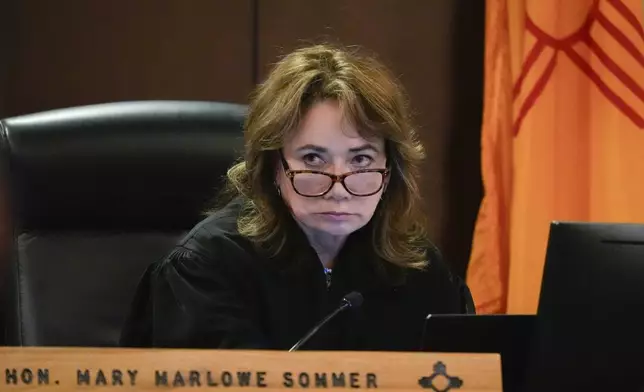 Judge Mary Marlowe Sommer listens during a pretrial hearing for Alec Baldwin, Monday, July 8, 2024, in Santa Fe, N.M. The actor's involuntary manslaughter trial starts July 9 with jury selection. (AP Photo/Ross D. Franklin, Pool)