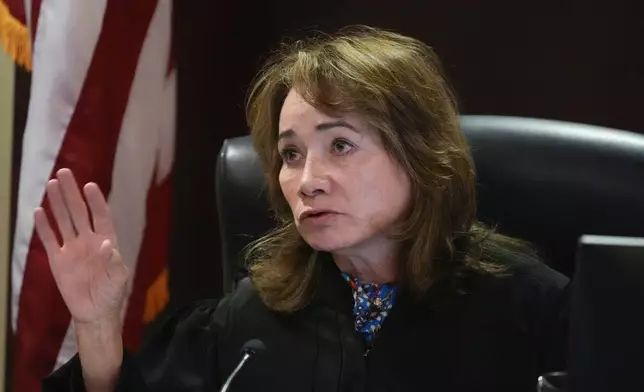 Judge Mary Marlowe Sommer listens during a pretrial hearing in Santa Fe, N.M., on Monday, July 8, 2024. Alec Baldwin is facing a single charge of involuntary manslaughter in the death of a cinematographer, Halyna Hutchins. (AP Photo/Ross D. Franklin, Pool)