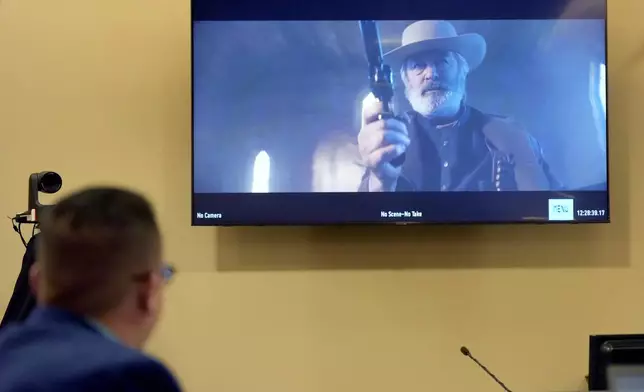 A video scene showing Actor Alec Baldwin is viewed during his hearing in Santa Fe County District Court, Wednesday, July 10, 2024, in Santa Fe, N.M. Baldwin is facing a single charge of involuntary manslaughter in the death of a cinematographer. (AP Photo/Ross D. Franklin, Pool)