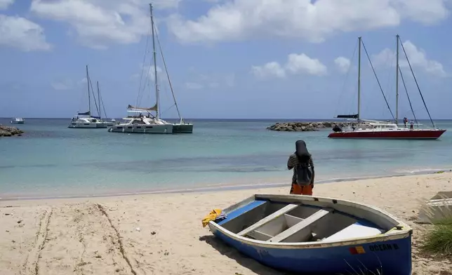 Sailboats line up to enter a marina ahead of the arrival of Hurricane Beryl in Speightstown, Barbados, Sunday, June 30, 2024. (AP Photo/Ricardo Mazalan)