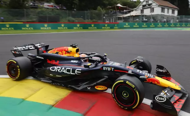 Red Bull driver Max Verstappen of the Netherlands steers his car during the second practice session ahead of the Formula One Grand Prix at the Spa-Francorchamps racetrack in Spa, Belgium, Friday, July 26, 2024. The Belgian Formula One Grand Prix will take place on Sunday. (AP Photo/Geert Vanden Wijngaert)