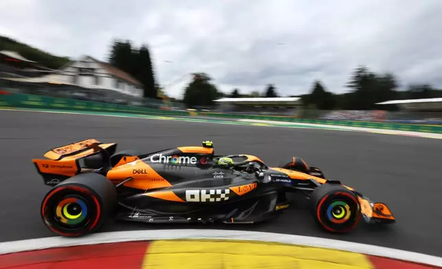 McLaren driver Lando Norris of Britain steers his car during the second practice session ahead of the Formula One Grand Prix at the Spa-Francorchamps racetrack in Spa, Belgium, Friday, July 26, 2024. The Belgian Formula One Grand Prix will take place on Sunday. (AP Photo/Geert Vanden Wijngaert)