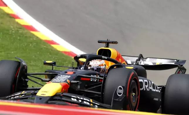 Red Bull driver Max Verstappen of the Netherlands steers his car during the first practice session ahead of the Formula One Grand Prix at the Spa-Francorchamps racetrack in Spa, Belgium, Friday, July 26, 2024. The Belgian Formula One Grand Prix will take place on Sunday. (AP Photo/Geert Vanden Wijngaert)