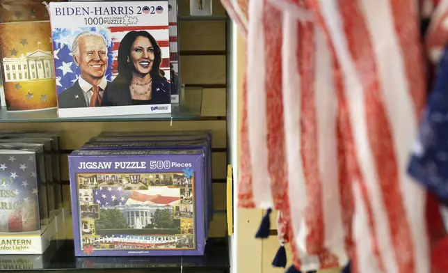 A puzzle featuring President Joe Biden and Vice President Kamala Harris appears on display at the White House Gifts store, Sunday July 21, 2024, near the White House in Washington. (AP Photo/Jacquelyn Martin)