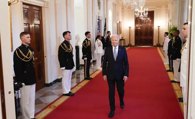 President Joe Biden arrives for a Medal of Honor Ceremony at the White House in Washington, Wednesday, July 3, 2024, posthumously honoring two U.S. Army privates who were part of a daring Union Army contingent that stole a Confederate train during the Civil War. U.S. Army Pvts. Philip G. Shadrach and George D. Wilson were captured by Confederates and executed by hanging. (AP Photo/Susan Walsh)