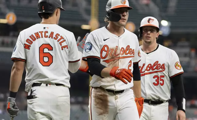 Baltimore Orioles' Gunnar Henderson (2) and Adley Rutschman (35) celebrate with Ryan Mountcastle (6) after scoring two runs on a single hit in by Ryan O'Hearn during the third inning of a baseball game against the Toronto Blue Jays, Tuesday, July 30, 2024, in Baltimore. (AP Photo/Stephanie Scarbrough)