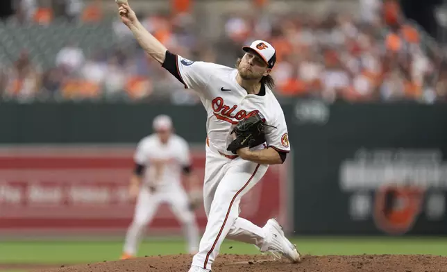 Baltimore Orioles starting pitcher Corbin Burnes delivers during the second inning of a baseball game against the Toronto Blue Jays, Tuesday, July 30, 2024, in Baltimore. (AP Photo/Stephanie Scarbrough)