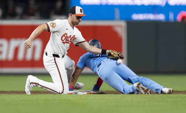 Toronto Blue Jays' Steward Berroa, right, steals second base in front of Baltimore Orioles second baseman Jordan Westburg, left, during the seventh inning of a baseball game, Tuesday, July 30, 2024, in Baltimore. (AP Photo/Stephanie Scarbrough)