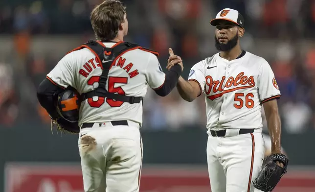 Baltimore Orioles catcher Adley Rutschman (35) and relief pitcher Seranthony Dominguez (56) celebrate their team's win over the Toronto Blue Jays after a baseball game, Tuesday, July 30, 2024, in Baltimore. (AP Photo/Stephanie Scarbrough)