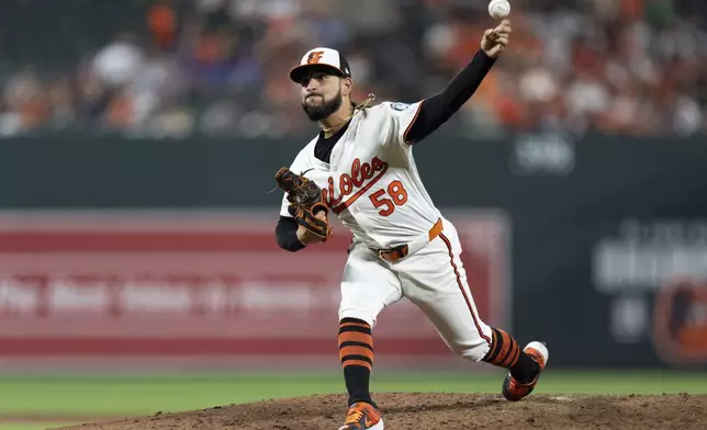 Baltimore Orioles relief pitcher Cionel Perez (58) delivers during the seventh inning of a baseball game against the Toronto Blue Jays, Tuesday, July 30, 2024, in Baltimore. (AP Photo/Stephanie Scarbrough)