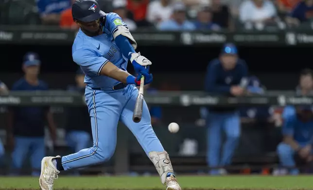 Toronto Blue Jays' Leo Jimenez makes contact during the fifth inning of a baseball game against the Baltimore Orioles, Tuesday, July 30, 2024, in Baltimore. (AP Photo/Stephanie Scarbrough)