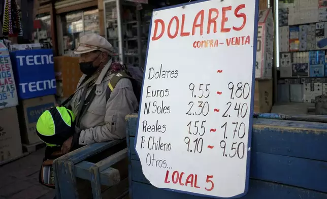 A sign displays currency exchange rates in La Paz, Bolivia, Friday, June 28, 2024, days after Army troops stormed the government palace in what President Luis Arce called a coup attempt. (AP Photo/Carlos Sanchez)