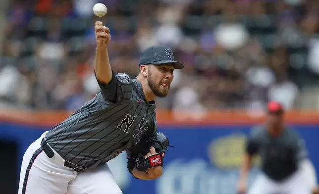 New York Mets pitcher Tylor Megill delivers against the Atlanta Braves during the third inning of a baseball game, Saturday, July 27, 2024, in New York. (AP Photo/Rich Schultz)