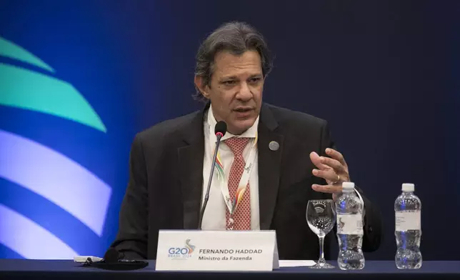 Brazilian Economy Minister Fernando Haddad attends a press conference to review the G20 Finance Ministers and Central Bank Governors Meeting, in Rio de Janeiro, Brazil, Friday, July 26, 2024. (AP Photo/Bruna Prado)