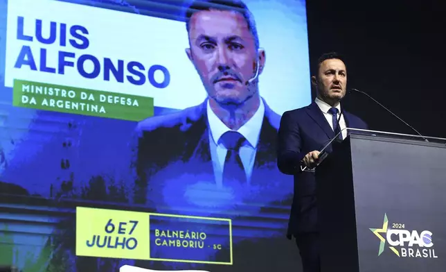 Argentina's Defense Minister Luis Petri gives a speech at CPAC Brasil 2024, a conservative event, in Balneario Camboriu, Santa Catarina state, Brazil, Sunday, July 7, 2024. (AP Photo/Heuler Andrey)