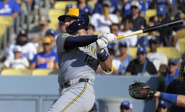 Milwaukee Brewers' Rhys Hoskins follows through for a solo home run during the fourth inning of a baseball game against the Los Angeles Dodgers Saturday, July 6, 2024, in Los Angeles. (AP Photo/Mark J. Terrill)