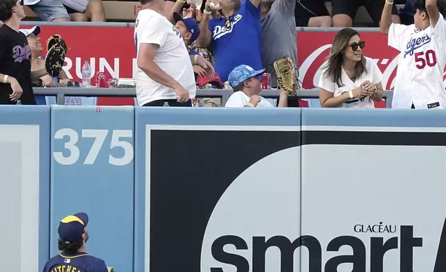 Milwaukee Brewers center fielder Garrett Mitchell watches a ball hit b y Los Angeles Dodgers' Will Smith go out for a solo home run during the first inning of a baseball game Friday, July 5, 2024, in Los Angeles. (AP Photo/Mark J. Terrill)