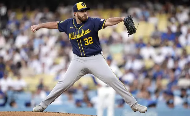 Milwaukee Brewers starting pitcher Aaron Civale throws to the plate during the first inning of a baseball game against the Los Angeles Dodgers Friday, July 5, 2024, in Los Angeles. (AP Photo/Mark J. Terrill)