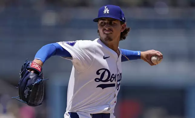 Los Angeles Dodgers starting pitcher Justin Wrobleski throws to the plate during the second inning of a baseball game against the Milwaukee Brewers Sunday, July 7, 2024, in Los Angeles. (AP Photo/Mark J. Terrill)